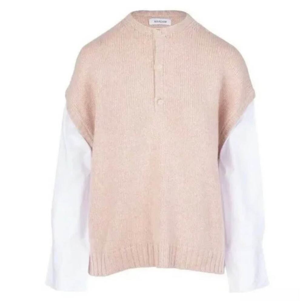 Naadam Cotton/Cashmere Blend Blush Mixed Media Henley Knit Sweater - Picture 2 of 10